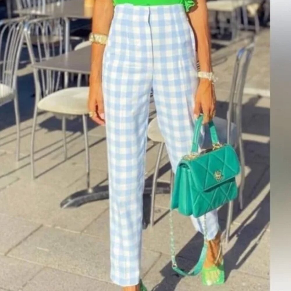 Zara Light Blue & White Gingham Cropped Pants